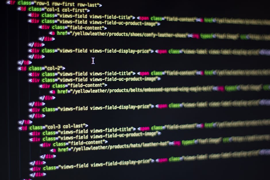 A computer screen displaying lines of HTML code in a dark background, with various tags and syntax highlighted in bright colors such as green, pink, purple, and white. The code includes elements relat